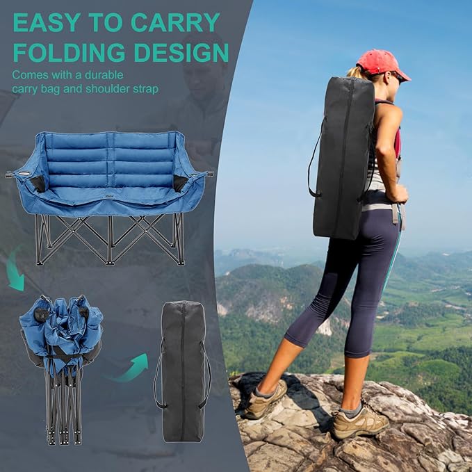 DoCred Double Camping Chair - Oversized Loveseat, 2 Person Camping Chair for Adults Heavy Duty,Two Person Folding Chair with Cup Holder, Supports up to 500 LBS for Outside Picnic Beach Travel