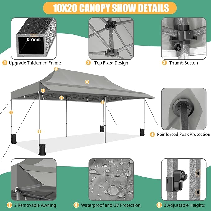 COBIZI 10x20 Pop Up Canopy Tent with Awning,Heavy Duty Canopy UPF 50+ All Season Wind Waterproof Commercial Outdoor Street Vendors Party Tents for Parties Canopy with Roller Bag(10 x 20 ft Gray)