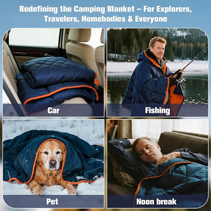 Down Camping Blanket - Lightweight Packable Warm Puffy Travel Quilt with Footbox, 650 Fill Power Waterproof Outdoor Blankets for Hiking, Travel Down Quilt, Navy Blue, 1lb 1oz / 77''*52''