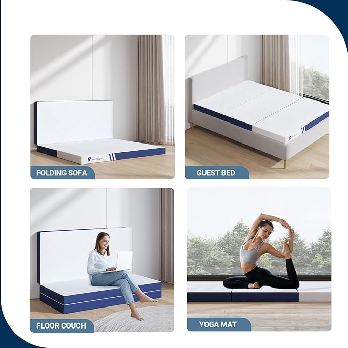Avenco Foldable Mattress Full, Folding Mattress 4 Inch Memory Foam, Trifold Mattress Portable with Removable Cover & Detachable for Guest Room/Caravan/Camping/Travel, Full Size 75"x54"x4"