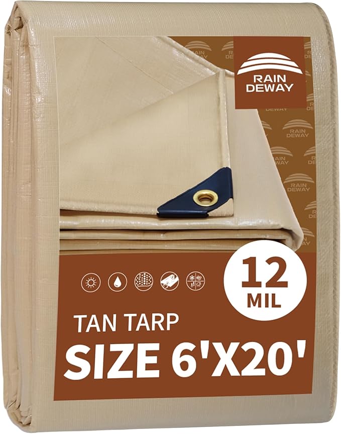 RAINDEWAY 6x20 Feet Heavy Duty Tarp,12 Mil Tan Waterproof Poly Tarp Cover,UV Resistant,Weatherproof,Durable,Multipurpose Tarps with Grommets and Reinforced Edges