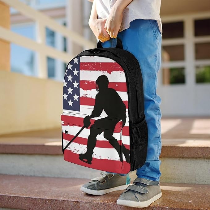 Supdreamc Backpack Anti-Theft Multipurpose Large Capacity Carry On Bag, American Hockey Flag Art Camping Outdoor Backpack With Side Pockets