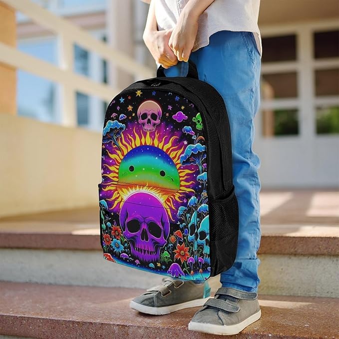 Supdreamc Rucksack Polyester Anti-Theft Multipurpose Psychedelic Skull Sun And Moon Neon Art Carry On Bag Large Capacity Travel and Sport Backpack Rucksack With Smooth Zippers