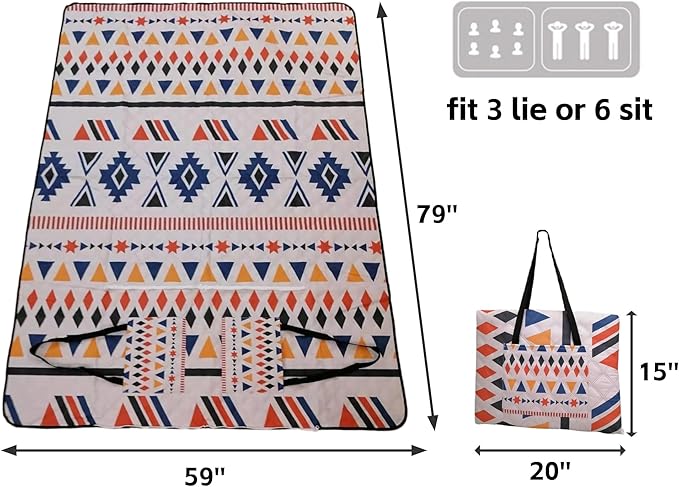 Outdoor Packable Picnic Blanket with Zipper Folds into Tote Bag with Large Storage and Shoulder Strap, Waterproof Sandproof for Lawn Beach Hiking Camping (colorful1, Large)