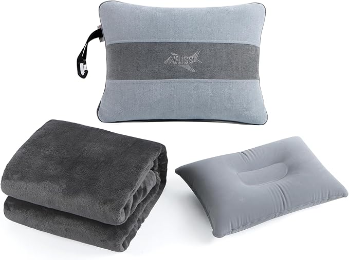 Melissa Large Travel Blanket and Inflatable Pillow Set - 69โ x 43.3โ โ Soft Blanket with Carry Bag โ Lightweight, Compact & Washable for Backpacking, Hiking, Car, Airplane, Office, Camping (Gray)