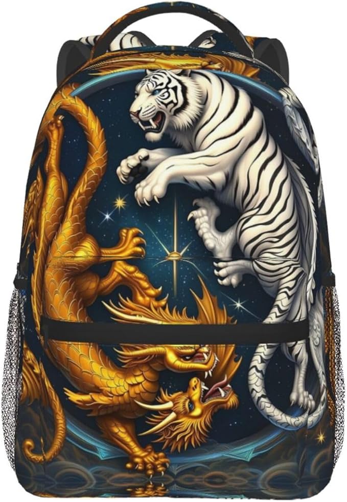 Daypack Backpack Anti-Theft Multipurpose Big Capacity Bookbag, Yin Yang Gold Dragon White Tiger Art Business Computer Bag With Side Pockets