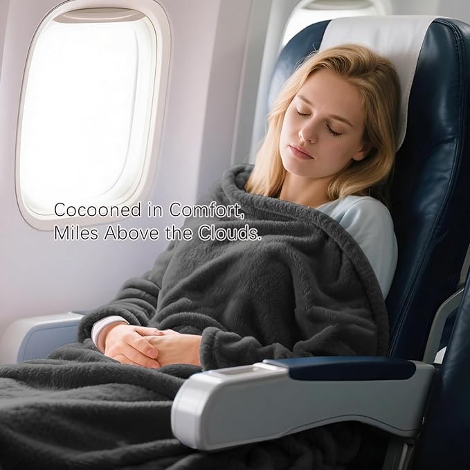 Melissa Large Travel Blanket and Inflatable Pillow Set - 69โ x 43.3โ โ Soft Blanket with Carry Bag โ Lightweight, Compact & Washable for Backpacking, Hiking, Car, Airplane, Office, Camping (Gray)