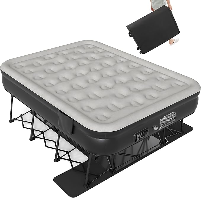 DWVO Inflatable Queen Air Bed with Folding Frame & Rolling Bag, Built-in Pump Blow Up Mattress for Camping, Guest Room & Travel, Portable Air Mattress with Case, 79 x 59 x 28 Inches, Black