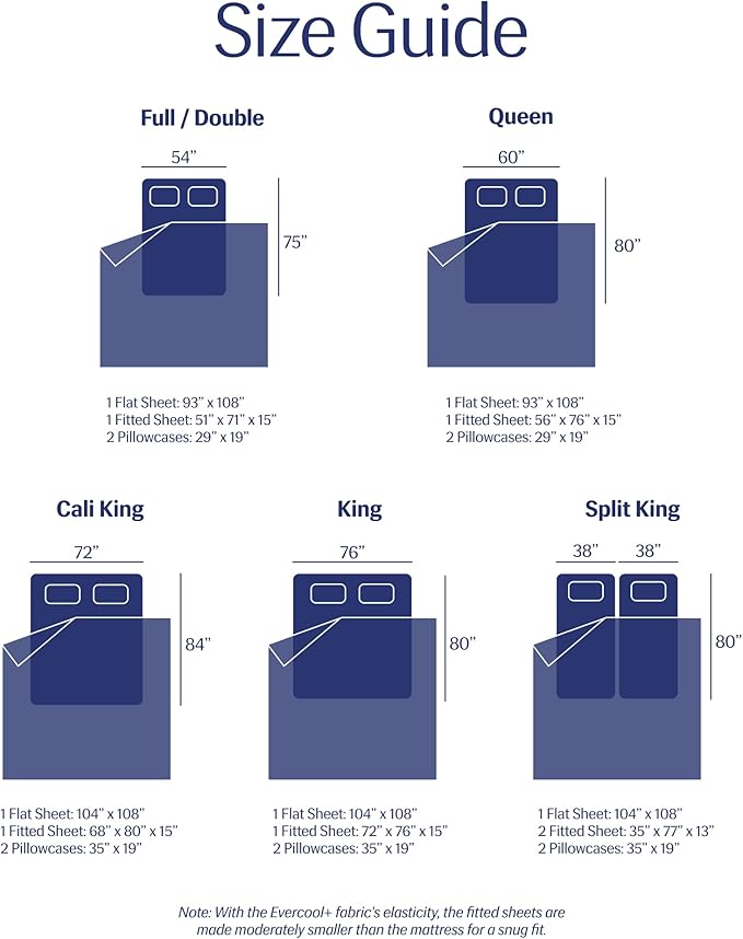 REST® Evercool®+ Cooling Sheet Set, Cali King, Midnight Blue, Breathable Bed Sheets for Hot Sleeper and Night Sweats, with Pillowcases, with Ionic+ Self-Cleaning Silver Yarn for Sensitive Skin, 4PCS