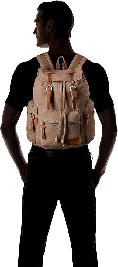 HuaChen Vintage Canvas Travel Backpack with Leather Trim, Laptop Padded Sleeve, Hidden Back Security Pocket, Fits 14-Inch, M32 Army Green