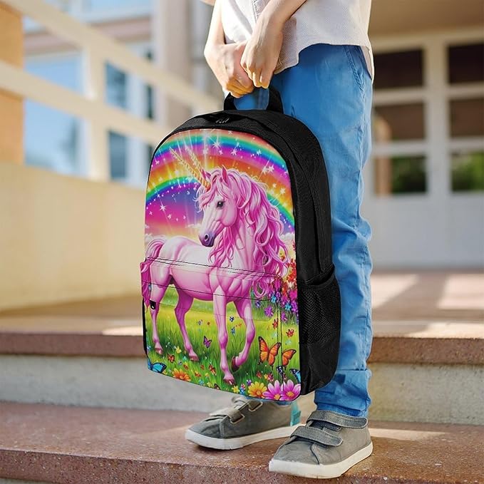 Supdreamc Men Women Polyester Rainbow Unicorns And Butterflies Backpack Large Capacity Bookbag With Smooth Zippers for Climbing Picnic Bicycle