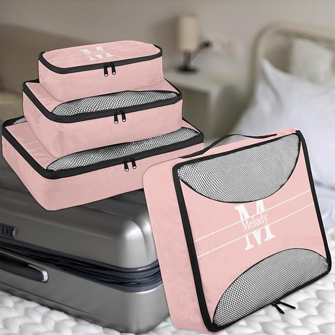 Custom Packing Cubes with Name, 4Pcs/Set Travel Luggage Packing Organizers Set for Women, Pale Pink Background with Initial Letter