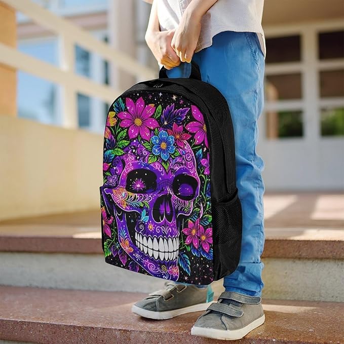 Supdreamc Rucksacks Multipurpose Anti-Theft Big Capacity Bookbag, Sugar Skull Flower Feathers Art Travel Hiking Camping Rucksack With Padded Straps