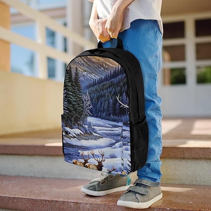 Supdreamc Daypack Backpack Anti-Theft Multipurpose Large Capacity Carry On Bag, Elk Winter Snow Traveling Camping Backpack With Side Pockets