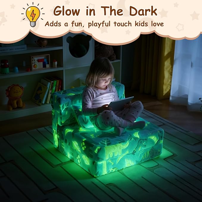 Folding Sofa Bed Floor Mattress for Kids with Pillow, Toddler Glow in Dark Washable Couch Folding Mat for Daycare, Child Dinosaur Chair with Storage Bag for Playroom, Camping, Green