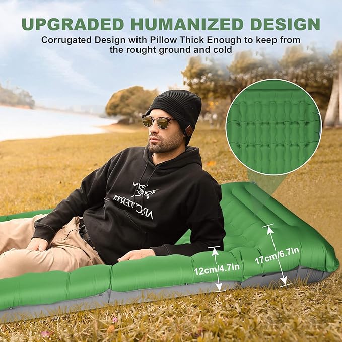 Camping Sleeping Pad with Pillow: Extra Thick 4.7 Inch Ultra-Light Self Inflating Air Mattress, Lightweight Compact Inflatable Sleep Mat for Backpacking, Hiking, Tent (Olive Green)