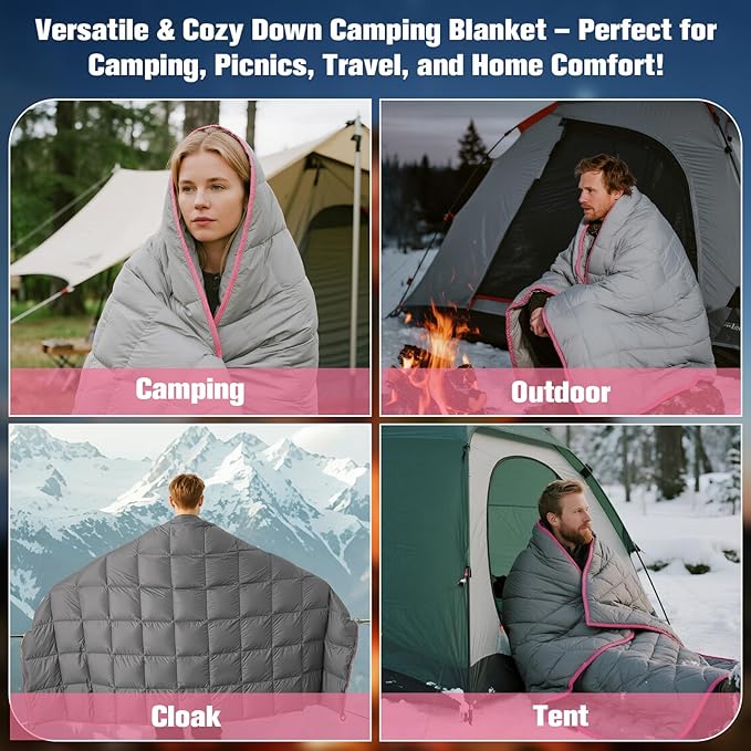 Down Camping Blanket - Lightweight Packable Warm Puffy Travel Quilt with Footbox, 650 Fill Power Waterproof Outdoor Blankets for Hiking, Travel, Dark Grey 1lb 1oz / 77''*52''