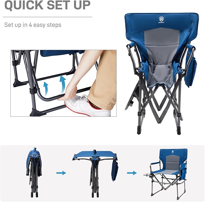 EVER ADVANCED Camping Directors' Chair with Side Table, Portable Folding with Compact Size, Heavy Duty Lawn Chair with Pocket for Camping, Lawn, Sports and Fishing, 400lbs, Blue