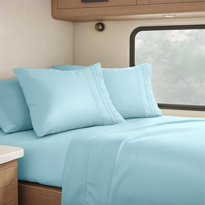 Hearth & Harbor Short Queen Sheets for RV, Light Blue RV Queen Sheets, Silky Soft 1800 Microfiber Bed Sheet for Camper, 4 Piece RV Bedding with Pillowcases
