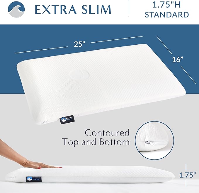 Bluewave Bedding Extra Slim Gel Memory Foam Pillow for Stomach and Back Sleepers - Thin, Flat Design for Cervical Neck Alignment and Deeper Sleep (1.75-Inches Height, Standard Size)