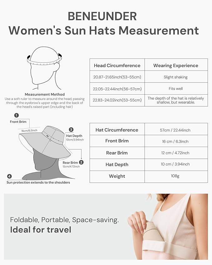 BENEUNDER Reversible Wide Brim Sun Bucket Hats UPF50+ UV Protection Foldable for Women Outdoor Beach Vacation Travel