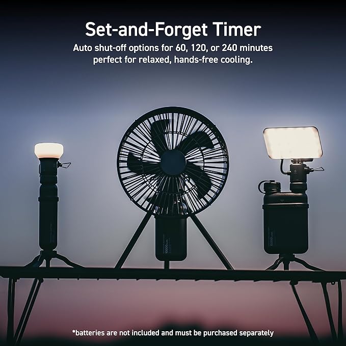 ELECOM NESTOUT Outdoor Camping Fan with Tripod, 4 Speed Settings & Breeze Mode, 3 Angle Oscillation, 90° Adjustable Tilt, Auto Timer (30/60/90 mins), USB C Compatible, Portable Tent Fan (Beige)