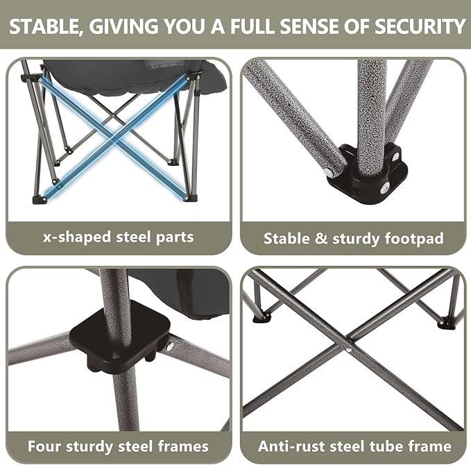 Oversized XL Padded Camping Chair Set of 2 Wide Heavy Duty Lawn Chairs Support 450 LBS Portable Folding Gaint Camp Chair for Outdoor Outside Sports Baseball Soccer-Black and Grey