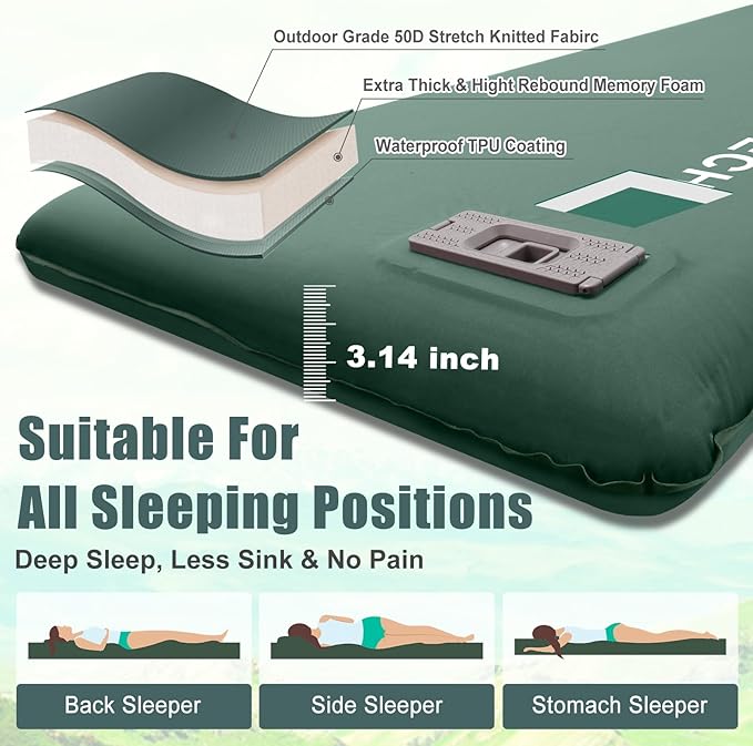 Self Inflating Sleeping Pad with Electric Pump, 3.14" Ultra-Thick Memory Foam Sleeping Mats for Camping,Easy Inflate&Deflate,9.5 R-Value Insulated Camping Mattress Pad with Pillow for Car Travel Tent