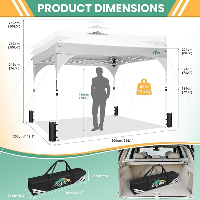 COBIZI 10x10 Pop up Canopy, Canopy Tent 10x10 with 3 Sidewalls, 1 Person Easy Set up, Tents for Parties, Outdoor Tent with Fluorescent Strip & 4 Sandbags, Waterproof, 3 Adjustable Height (White)
