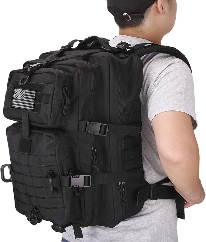 MOLLE Assault Backpack, Tactical Backpack Military Army Camping Rucksack, 3-Day Pack, D-Rings, Black with Gray Patch