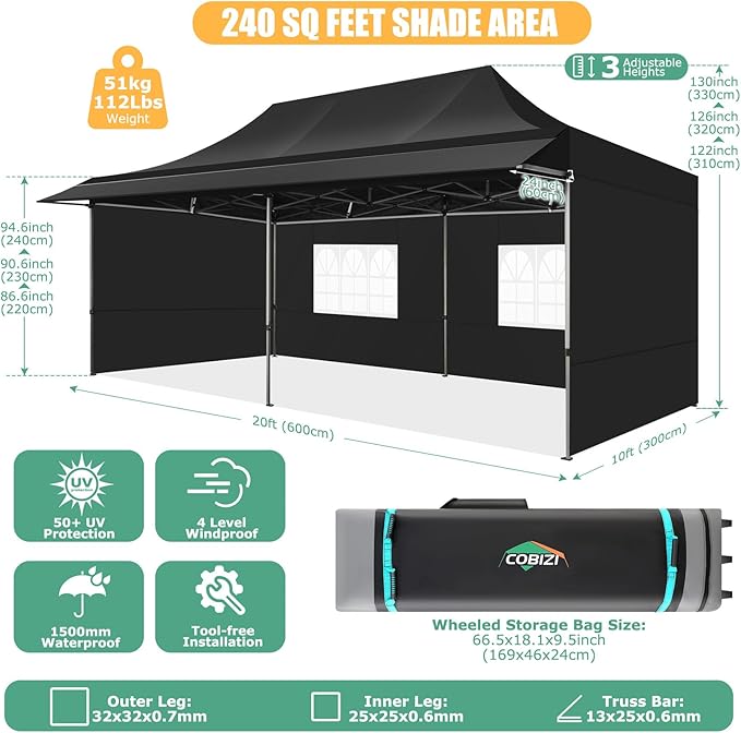 COBIZI 10x20 Pop Up Canopy Tent with Awning,Heavy Duty Canopy UPF 50+ All Season Wind Waterproof Commercial Outdoor Street Vendors Party Tents for Parties Canopy with Roller Bag(10 x 20 ft Black)