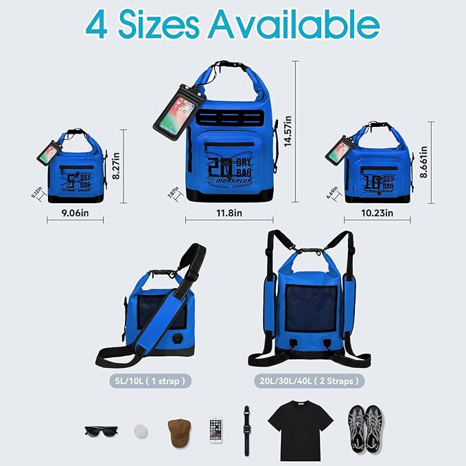 Dry Bag Waterproof,5L/10L/20L/30L Roll Top Dry Bag Backpack with WaterProof Phone Case for Swim,Kayak(Dark Blue 5L)