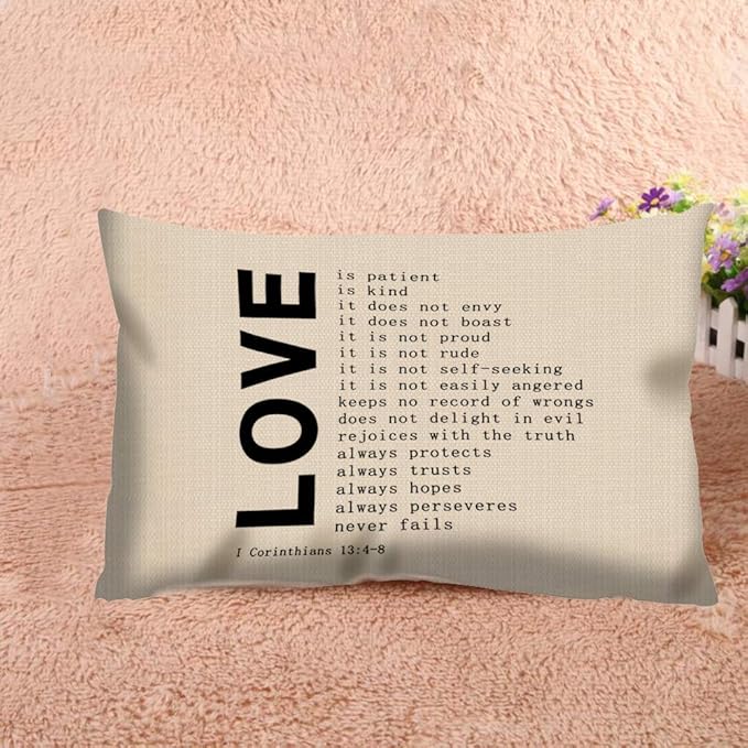 Throw Pillow Cover Love Quote 1 Corinthians 13 4-8 Decorative Pillow Case Home Decor 20x12 Inches Pillowcase
