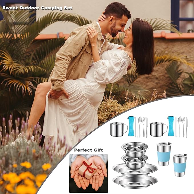 Camping Mess Kit Camping Dishes Set Stainless Steel Tableware Mess Kit Includes Plate Bowl Cup Spoon Fork Knife in Mesh Bags for Camping Backpacking & Hiking for 2 Person