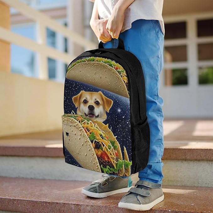 Supdreamc Men Women Lightweight Space Funny Corgi Dog Pizza Taco Casual Daypack Big Capacity Bookbag With Padded Straps for Gym Travel Walking Cycling