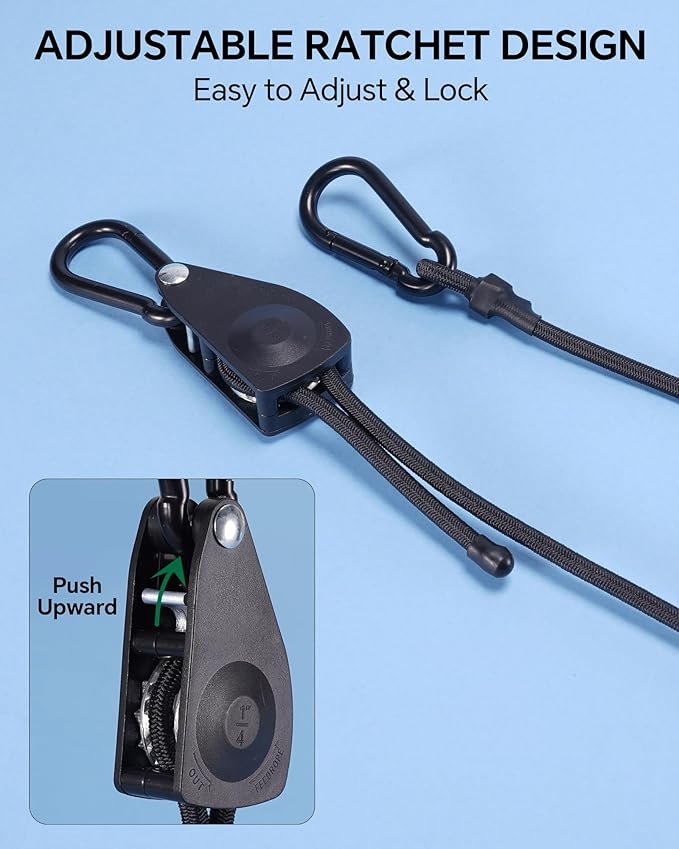 80" Heavy Duty Adjustable Carabiner Bungee Cord with Hooks, Easy to Adjust from 7" to 80", Black Ratchet Bungee Straps with Iron Carabiners & Superior Elasticity for Cargo, Luggage, Carts, etc (4 Pcs)