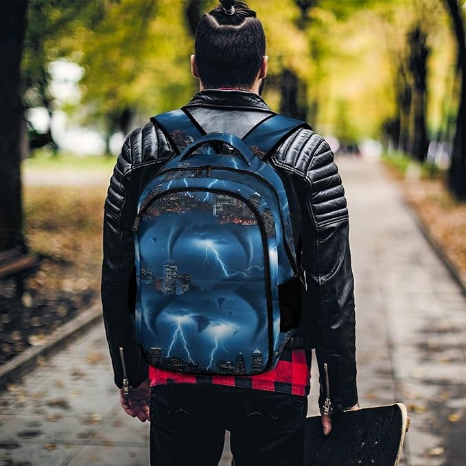 Water Resistant Travel Daypack Chicago City Tornado Storm Weather Pattern, Lightweight Laptop Backpack with Water Bottle Pockets for Men Women College Work