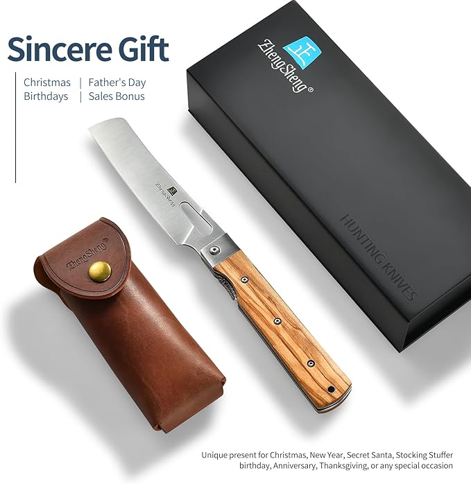 Folding Chef Knife with Leather Pouch 4.8” Sharp 440A Stainless Steel Blade Olive Handle Pocket Foldable Japanese Style Kitchen Knife for Outdoor Camping BBQ trip Cooking.