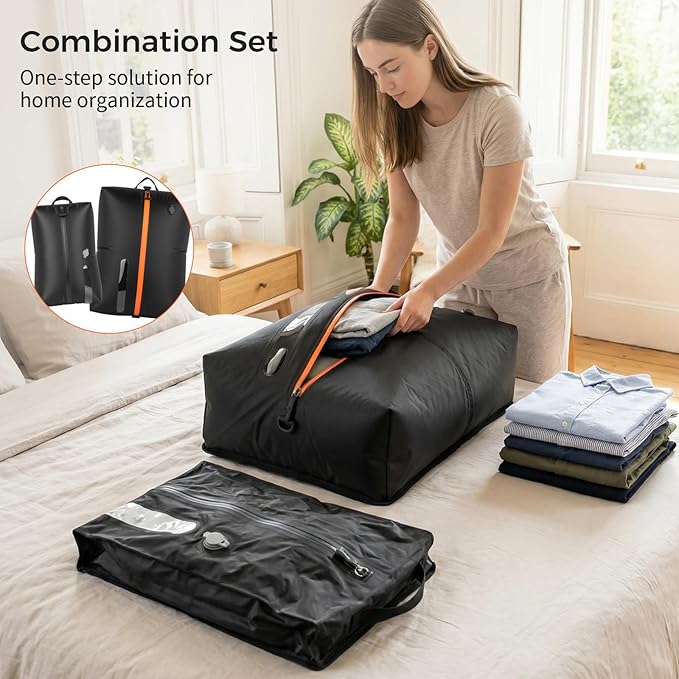 Vacuum Bags for Travel with Wireless Electric Pump, 2 Pack (17L+44L) Compression Packing Cubes for Backpack & 24"/28" Luggage, Heavy Duty Nylon Space Saver, IP67 Waterproof & Privacy Black