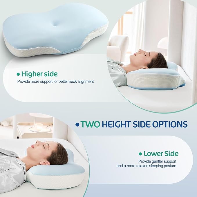 Ergonomic Cervical Pillow, Contour Design for Side & Back Sleepers, Memory Foam Orthopedic Cervical Shape Gently Cradles Head & Provides Neck Support & Shoulder Pain Relief (Blue)