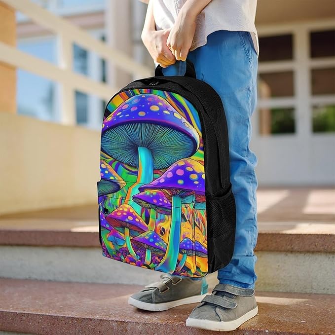 Supdreamc Women Men Polyester Trippy Tie Dye Magic Mushrooms Art Casual Daypack Large Capacity Bookbag With Side Pockets for Sports Picnic Walking Cycling