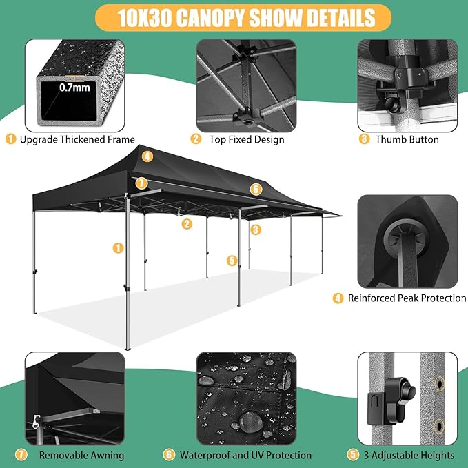 COBIZI 10x30 Pop Up Canopy Tent with Awning,Heavy Duty Canopy UPF 50+ All Season Wind Waterproof Commercial Outdoor Street Vendors Party Tents for Parties Gazebo with Roller Bag(10 x 30 ft Black)