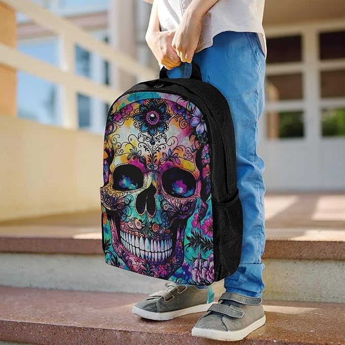 Supdreamc Polyester Daypack Backpack for Climbing Outdoors Running, Big Capacity Multipurpose Anti-Theft Bookbag, Indain Mandala Sugar Skull Travel Hiking Camping Rucksack