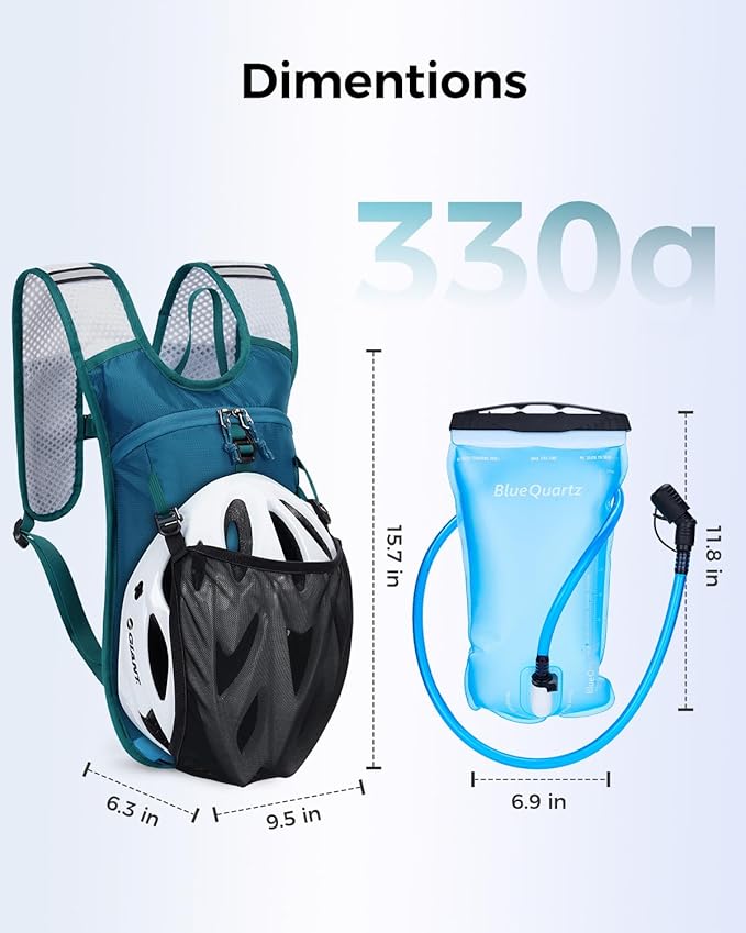 Blue Quartz Hydration Backpack with 2L Water Bladder - Lightweight Cycling & Running Pack for Men Women, Breathable Mesh Straps, L-Zip Wide Opening Hydration Pack for Quick Access