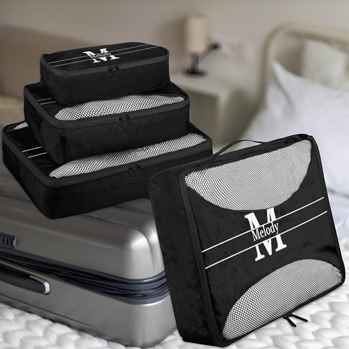 Personalized Packing Cubes, Set of 4 with Zipper Handles for Men Boys, Custom Name Travel Suitcases Luggage Packing Organizers, Solid Black with Initial Letter