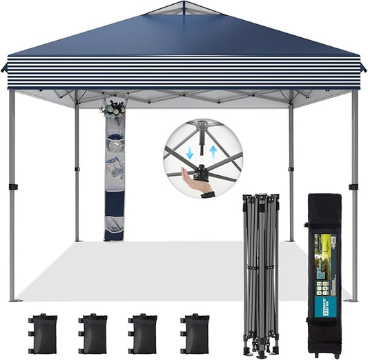GREEN PARTY 10x10 ft Pop Up Canopy Tent, 1-Person Setup Instant Outdoor Canopy with Vented Top, Wheeled Carry Bag, 4 Ropes & 4 Sandbag -Blue & White Stripes