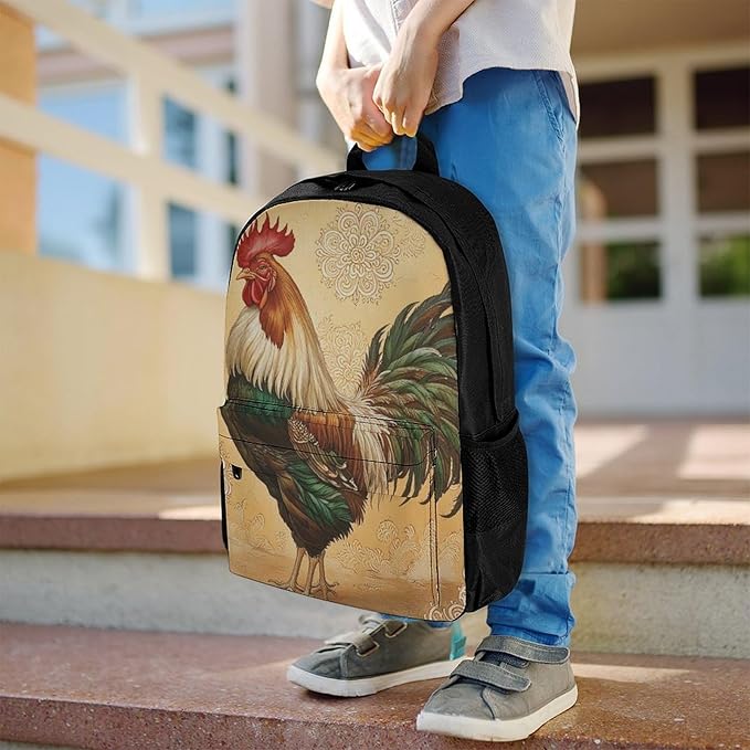 Supdreamc Men Women Polyester Retro Rooster Daypack Big Capacity Shoulder Bag With Smooth Zippers for Hiking Work Walking Cycling