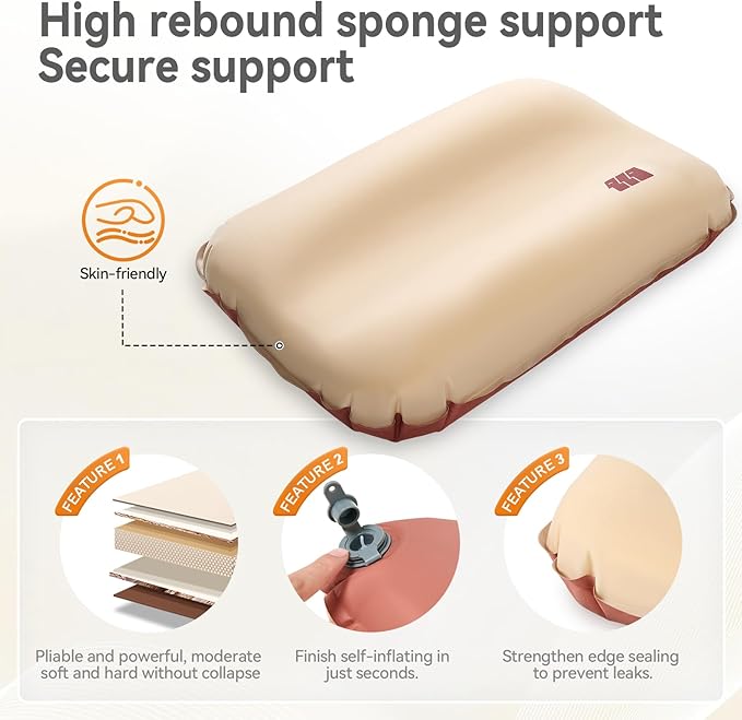 Camping Pillow with Memory Foam, Self-Inflating Portable Ultralight Inflatable Pillow for Neck Lumbar Support - Upgrade Backpacking Pillow Travel Air Pillows for Camping/Hiking/Backpacking (Khaki)