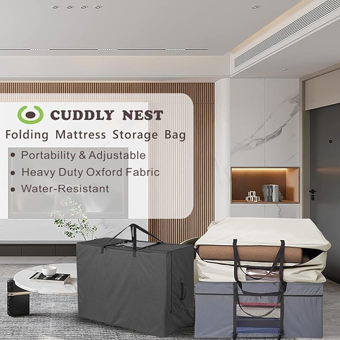 Cuddly Nest Folding Mattress Storage Bag - Heavy Duty Carry Case for Tri-Fold Guest Bed (Fits 6" Twin & Twin XL Mattress,Black)