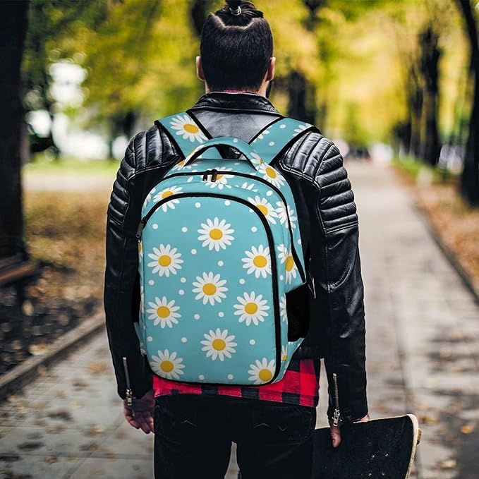 Travel Backpack Purse for Women, Light Blue Floral Daisy Flower Dots Cute Laptop Backpack with Tumbler Holder for Nurse Teacher College Work Casual Daypack